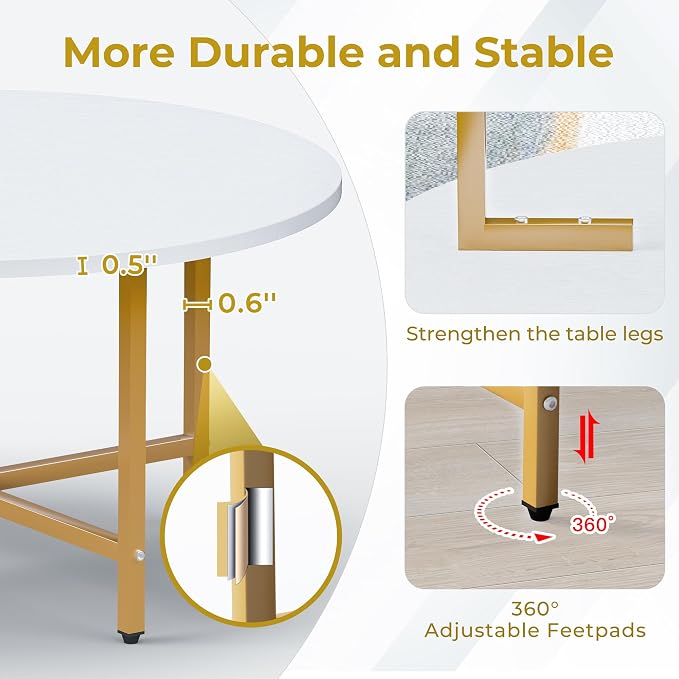 FAMIDGE Coffee Table, 23.6" Coffee Tables for Living Room, Round Coffee Table with Metal Frame, Floor Table for Sitting on The Floor, Home, Office, White & Gold Legs