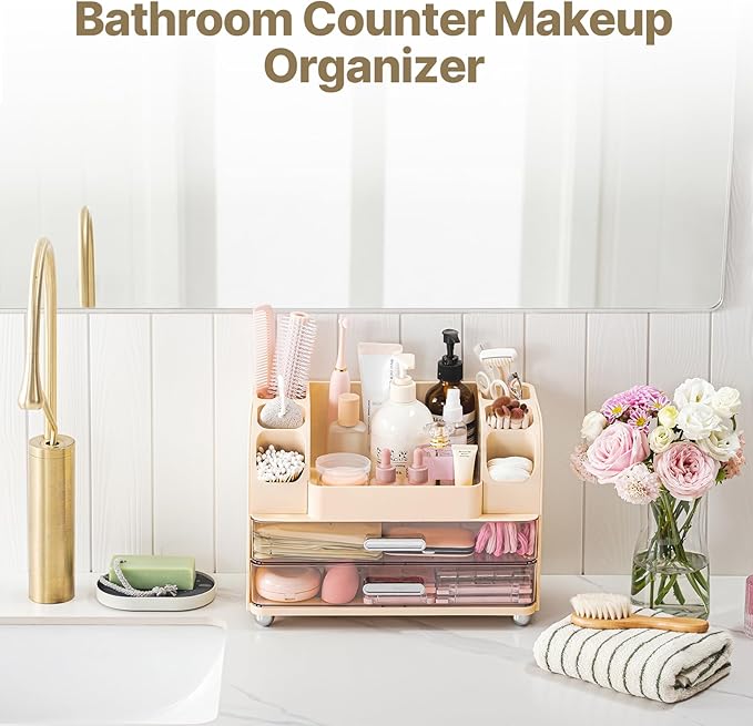 Makeup Organizer with Brush Holder, Makeup Organizer Countertop with 2 Drawers, Make up Organizers for Vanity, Vanity Organizer, Makeup Storage For Skin Cares,Makeup Brushes,Lipsticks,Perfumes(Cream)