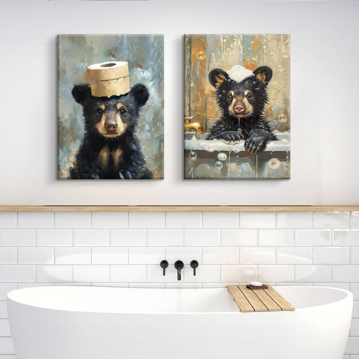 BHSUUHIT 2 Pcs Bear Bathroom Wall Art Funny Bathroom Animal Pictures Prints Black Bear With Paper Wall Decor Sitting in Bathtub Canvas Cute Humorous Posters Ready to Hang Home Decor(12x16in Canvas)