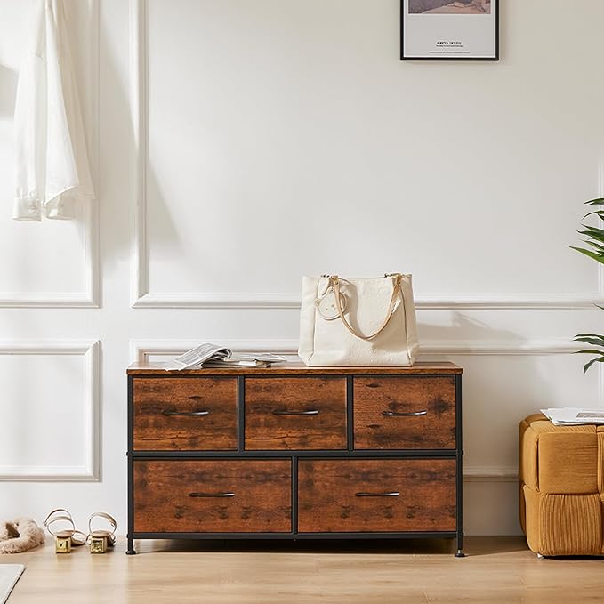 OLIXIS 5 Drawer Dresser for Bedroom, Wide Fabric Storage Tower with Wooden Top and Metal Frame, Closet Chest Organizer Furniture, TV Stand for Living Room Hallway, Brown