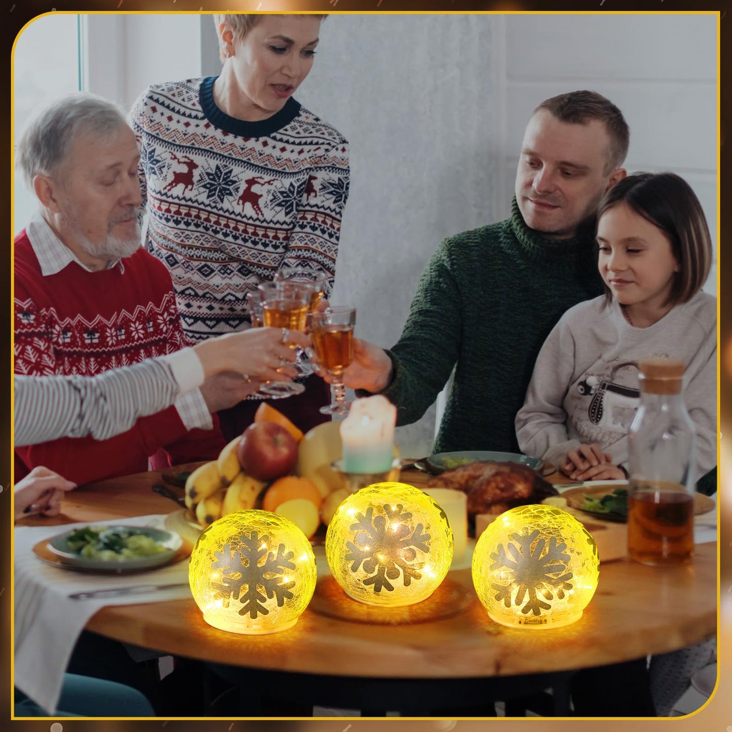 Tujoe 3 Pcs Winter Decorations Indoor 4 Crackle Snowflakes Glass Globe Ball Lamp Night Lights with LED Timer Battery Operated Lighted Decorative Tabletop Decor for Table Home Centerpiece Party Gift