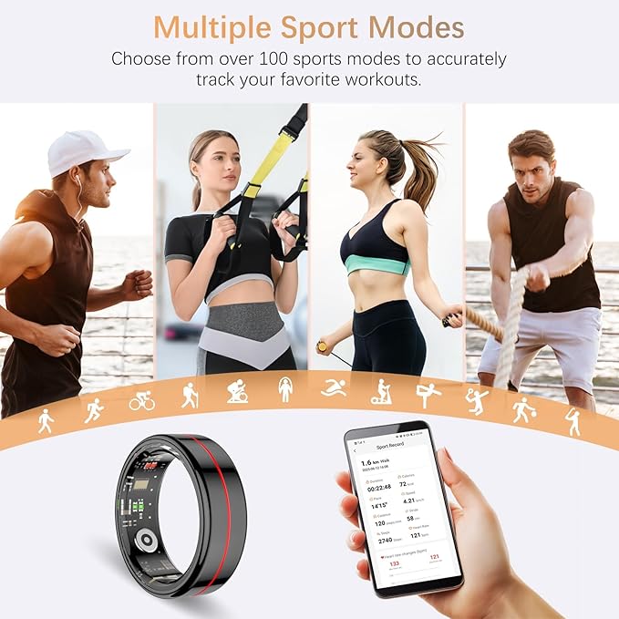 Fit Ring, Smart Health Rings for Women Men with Heart Rate,Blood Oxygen,HRV,Stress Level, Sleep Monitor, Step Tracker, No Subscription Fee, IP68 Waterproof Smart Ring for iphone &Android (Black, 9#)