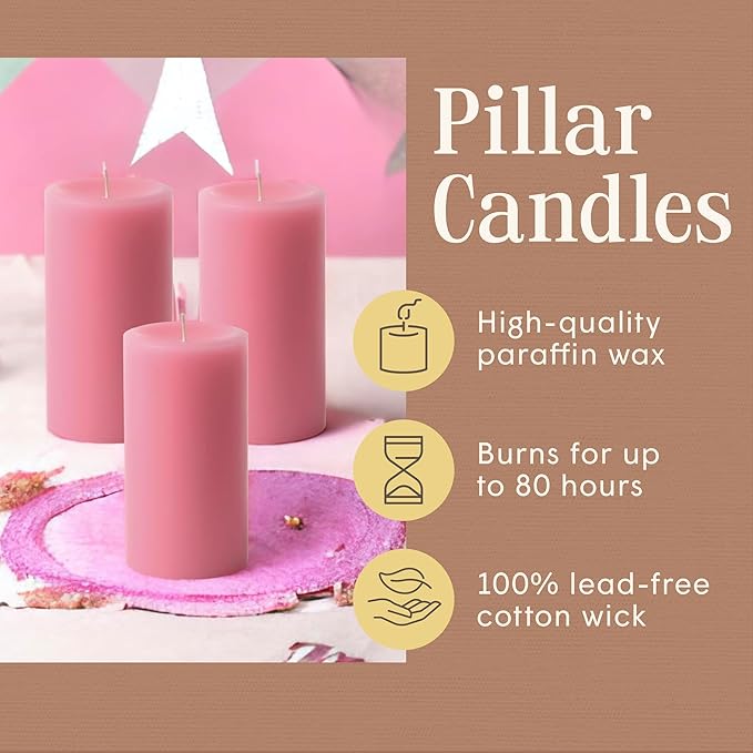 Mister Candle Dripless Unscented Pillar Candles, Set of 3 Hand Poured Pink Pillar Candles, Solid Color Non-Scented Candles for Home Decor, Premium Wax, 80 Hr Burn Time, 3x6 Inch