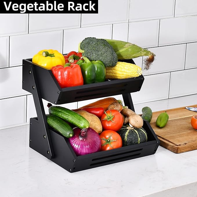 VIKEYHOME Kitchen Organizer with 2-Tier Bamboo Fruit Basket – Large Capacity, Space-Saving Fruit & Veggie Stand for Countertop, Snack Holder, Natural & Sturdy 15mm Thick Design