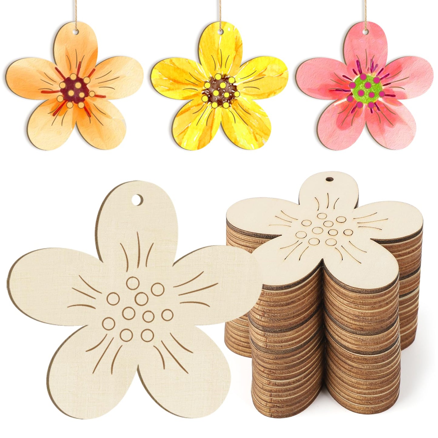 Wooden Flower Ornaments to Paint Easter Spring Decoration Cutouts Unfinished 24PCS 3.5 x 3 inches, DIY Blank Unfinished Christmas Tree Wood Discs Ornament for Home Crafts Hanging