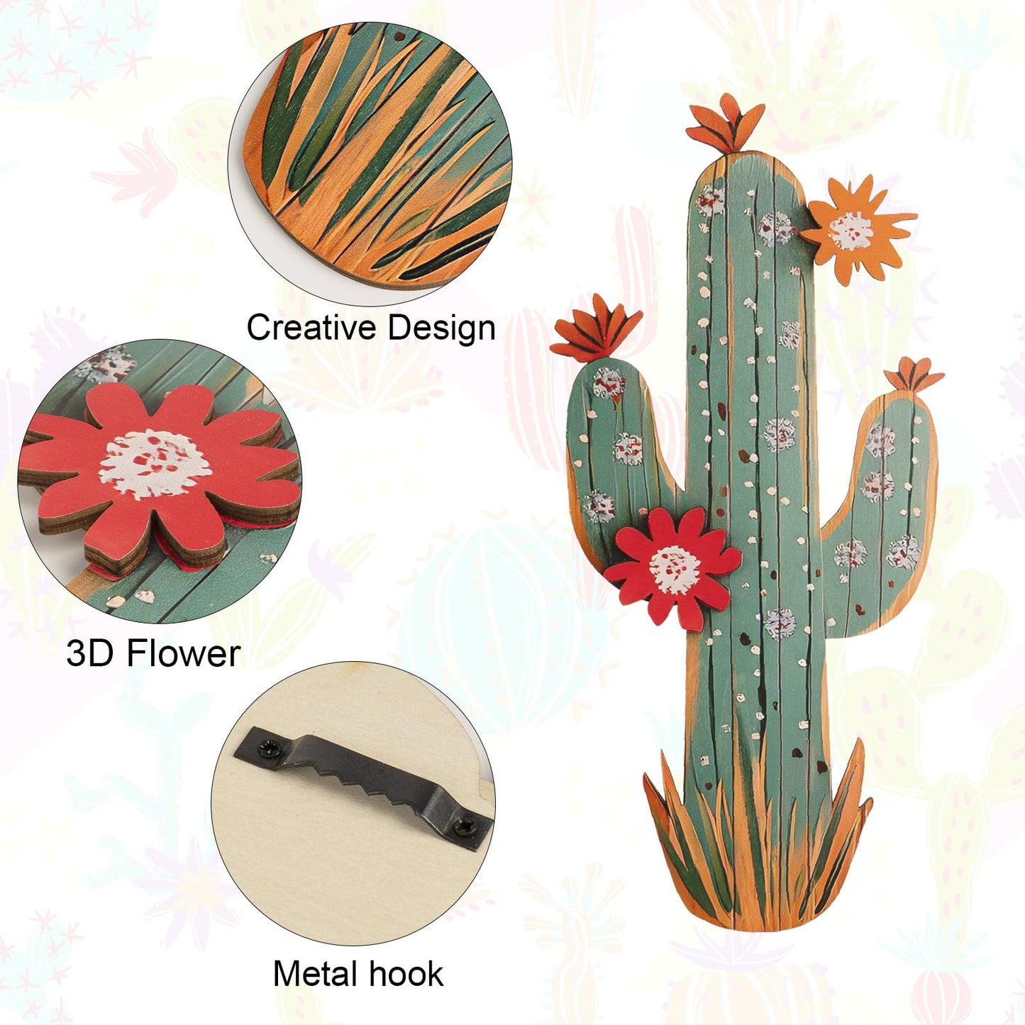 flangairy 3D Cactus Wall Decor, Set of 2 Wooden Cactus Flower Picture Southwestern Wall Art, Western Room Bathroom Bedroom Nursery Kitchen Decorations for Home