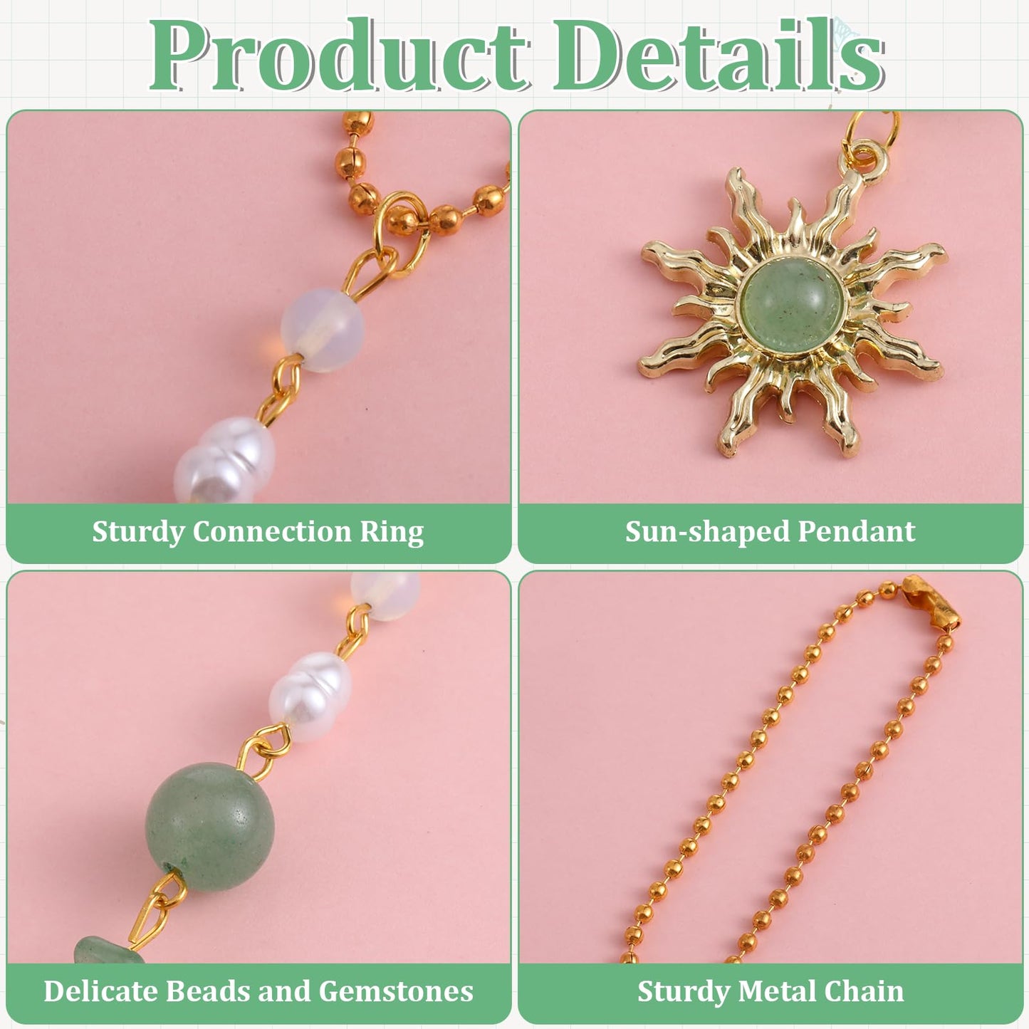Thinp Sun Hanging Car Charm, Cars Rear View Mirror Accessories Cute Boho Sun Green Car Decor Dangling Handmade Crystals Stones Ornament for Women Men (Green)