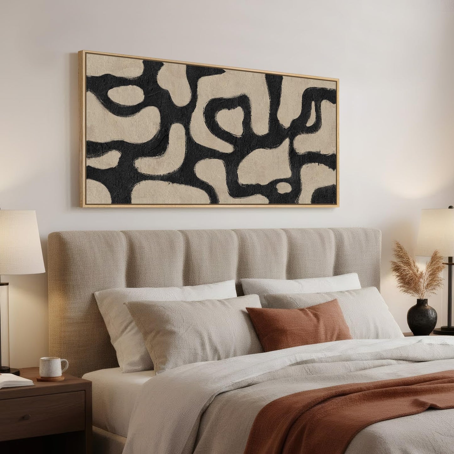 Framed Neutral Horizontal Abstract Wall Art for Living Room, Extra Large Black and Beige Modern Painting Print, Mid Century Canvas Artwork for Dining Room Bedroom Hallway Office Walls Decor, 30x60 Inch