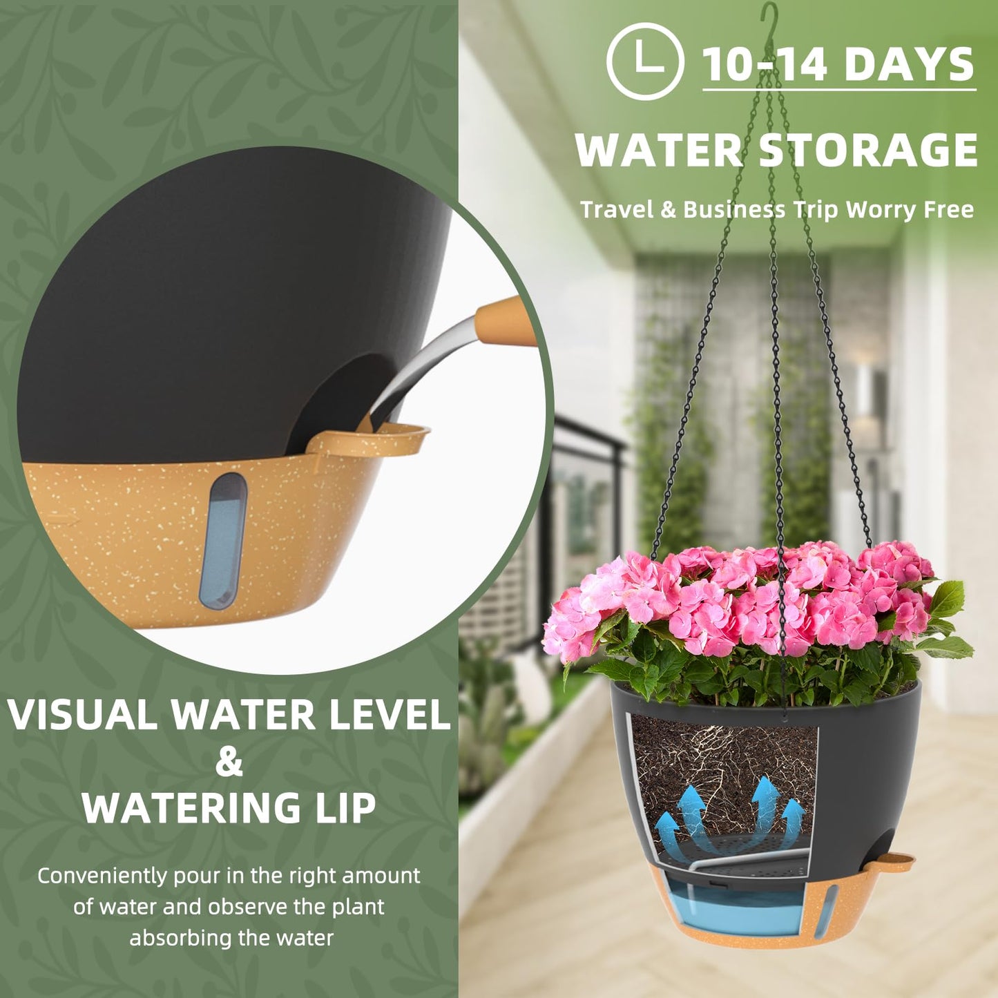 ZMTECH 12 Inch Large Self Watering Hanging Planters for Indoor Outdoor Plants - Water Level Indicator & Removable 60 Oz Reservoir, 1 Pack Plastic Hanging Basket for Window Porch Garden Balcony, Green