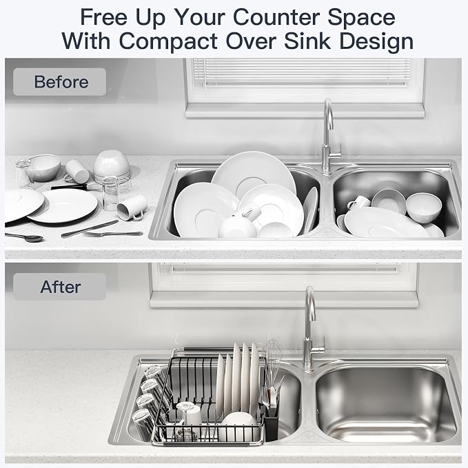 MAJALiS Dish Drying Rack Over The Sink with Utensil Holder, Mat | Expandable Stainless Steel Dish Drainer for Small Kitchen, Apartment, RV, Counter Space Saving, Perfect Fit, Rustproof
