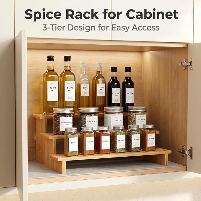 JinDoWin 3 Tiered Spice Rack Organizer for Cabinet,Spice Organization for Cabinet,Seasoning Organizer,Spice Shelf and Spice Organizer for Cabinet,Pantry Organizers and Storage (1 Pack, Medium)
