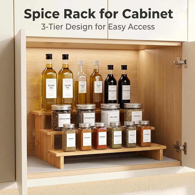 JinDoWin 3 Tiered Spice Rack Organizer for Cabinet,Spice Organization for Cabinet, Seasoning Organizer,Spice Shelf and Spice Organizer for Cabinet,Pantry Organizers and Storage (2 Pack, Medium)