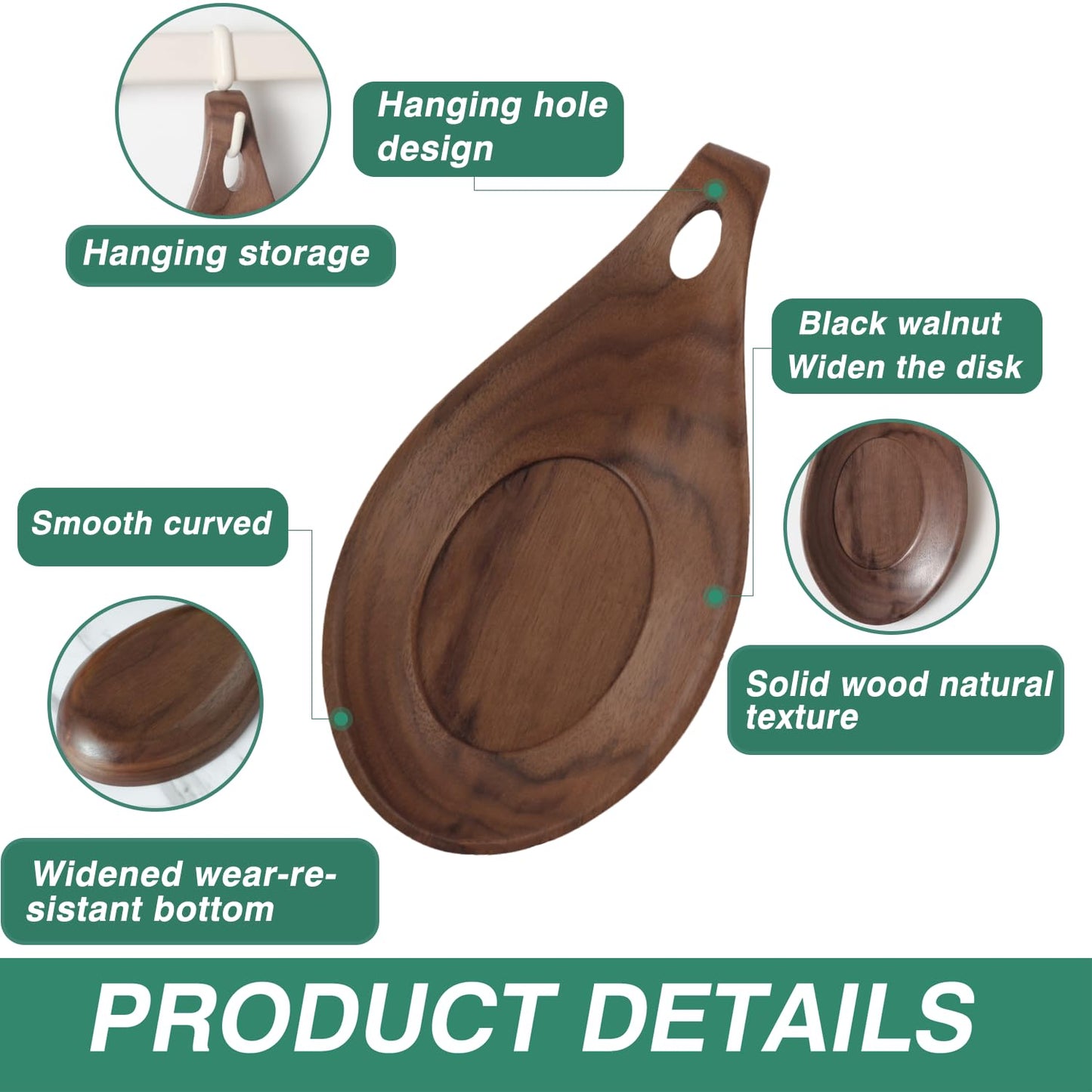 Wooden Spoon Rest for Kitchen, Spoon Holder for Stove Top or Countertop, Perfect Holder for Spatula, Spoons or Tongs(Walnut,Wood)