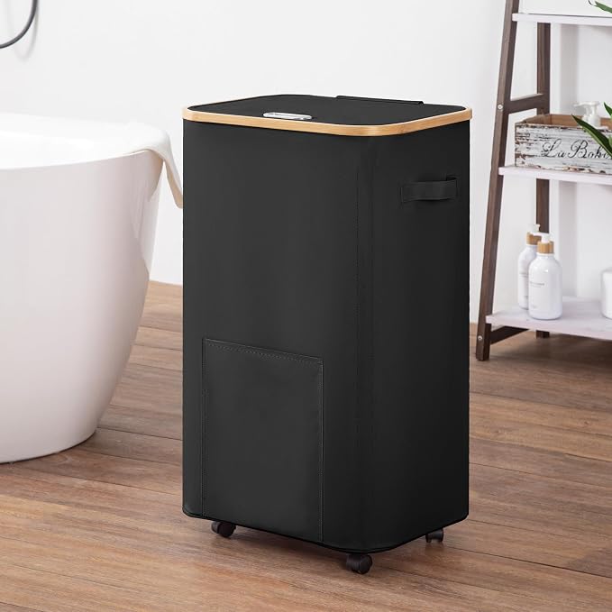 Vincona Laundry Basket with Wheels, Tall Dirty Clothes Hamper on Wheels, Rolling Laundry Hamper with lid for Dorm, Bedroom and Bathroom (Black, 100L)