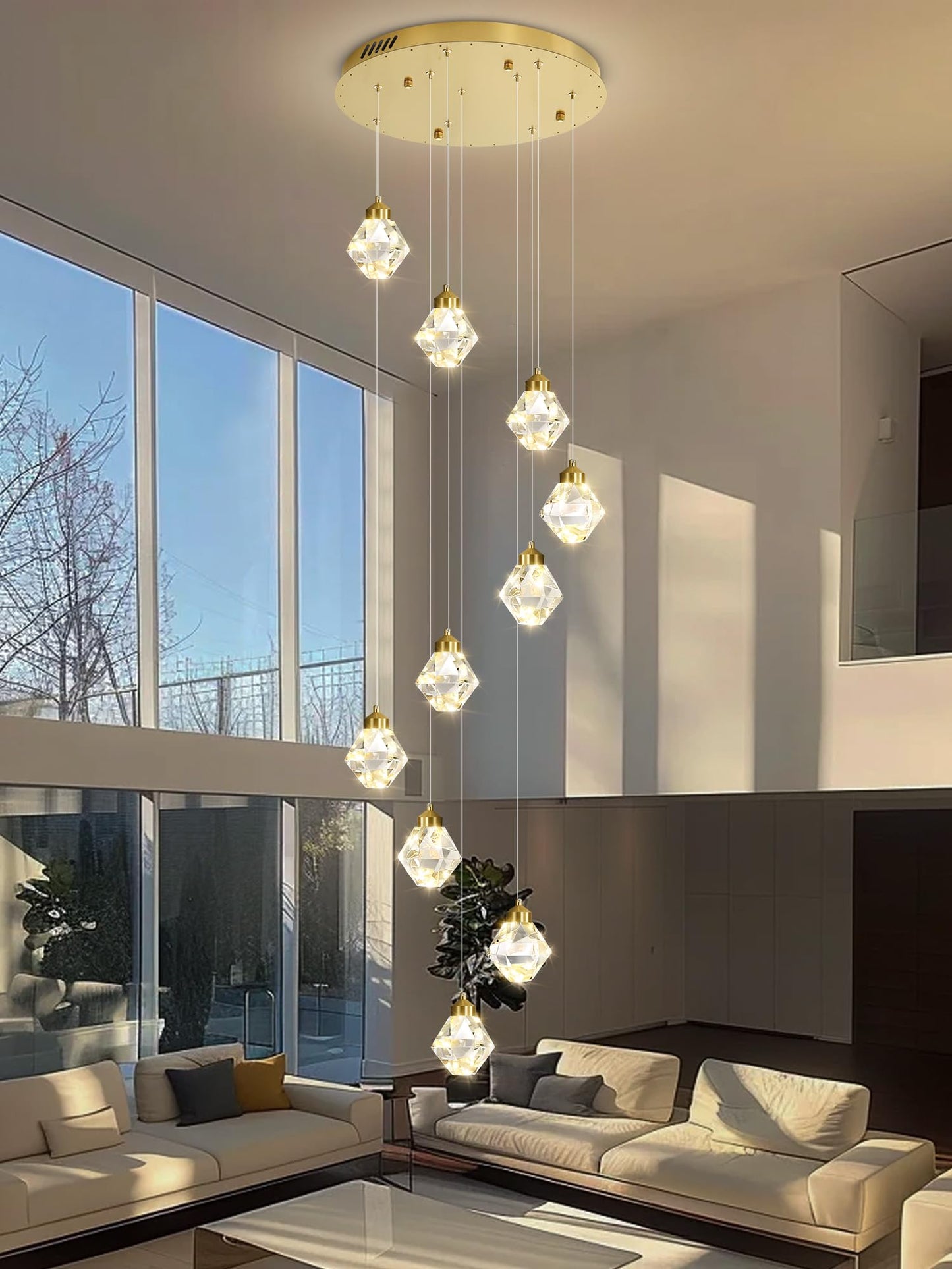 Shial Lighting 10-Light Modern Chandelier for Entrance Crystal Chandeliers for Living Room Gold Pendant Light Fixture Staircase Chandeliers for High Ceilings Dimmable LED Hanging Light with Remote