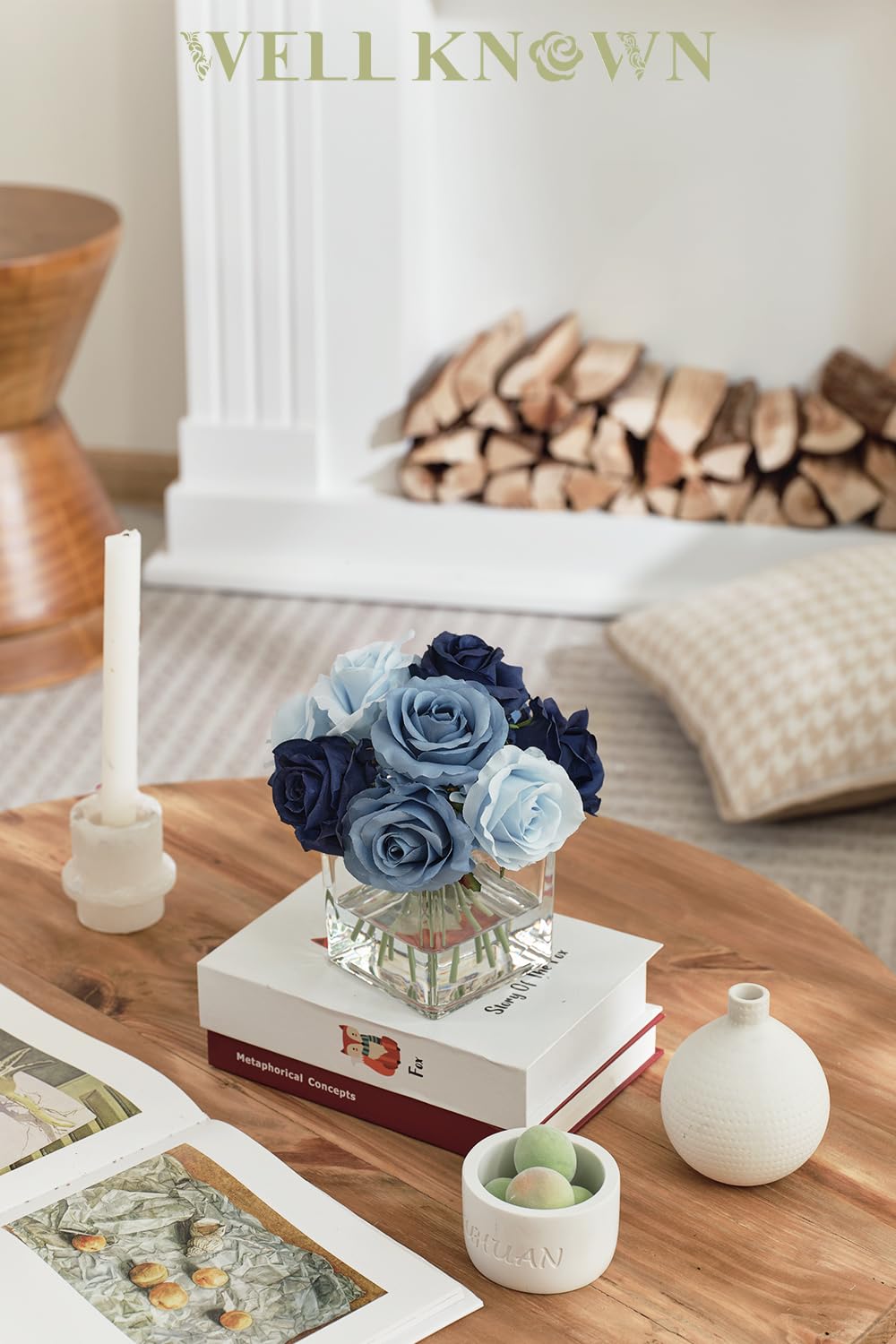 WELL KNOWN Rose Artificial Flowers in Vase with Faux Water, Silk Rose Table Centerpieces for Home Coffee Table Decor, Fake Roses Flower Arrangements for Office Hotel Lavatory Decor (Blue)