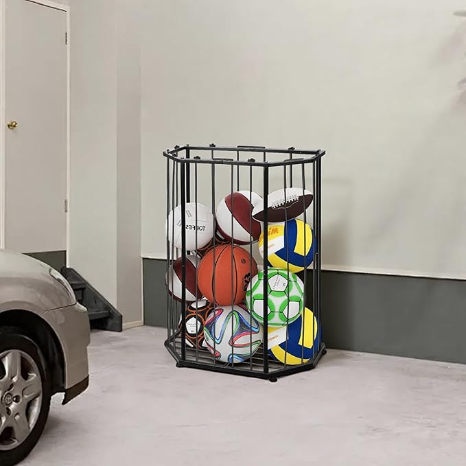 Garage Ball Storage Rack,with Bungee Cord Sports Equipment Organizer,Can be Wall-Mounted & Floor-Mounted Mount,FitBasketball,Footbal,Volleyball,Gym,and Garage Ball Storage (Black)