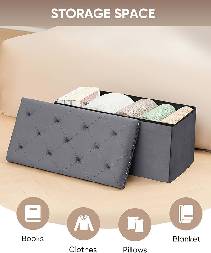 B FSOBEIIALEO Storage Ottoman Cube Folding Tufted Ottomanse, Storage Boxes Footrest for Bedroom, Luxury Velvet Fabric 30 * 15 * 15 Inches Grey