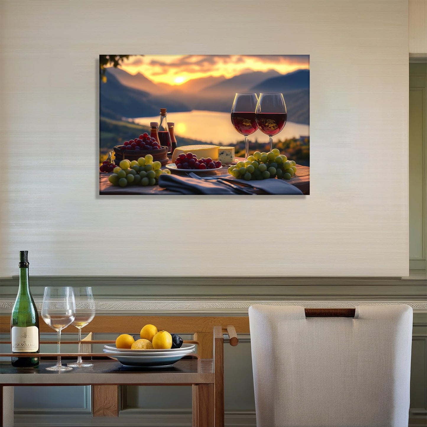 LYUNSHUO Kitchen Canvas Wall Art Wine Picture Decor Fruit Goblet Painting Prints Lakeside Sunset Landscape Romantic Poster Bar Restaurant Home Decoration Framed Ready to Hang(Art-3,12.00"x18.00")
