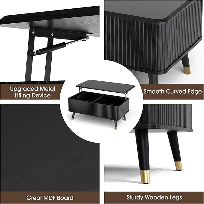 JOINICE Lift Top Coffee Table with Storage, Modern Black Fluted Design, Pop-Up Center Table with Hidden Compartment for Living Room & Home Office Work/Dining