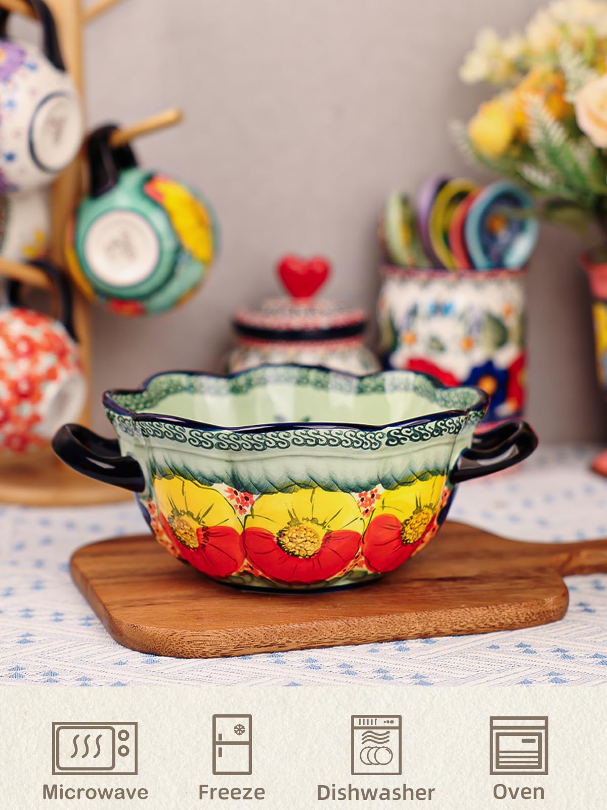 silesia Handmade Salad Bowls with Handles, 45 oz Hand-Painted Serving Bowl, Large Ceramic Crocks for Soup, Pasta, Stew, Microwave & Dishwasher Safe, Kitchen Decor Gift (Glazed Green)