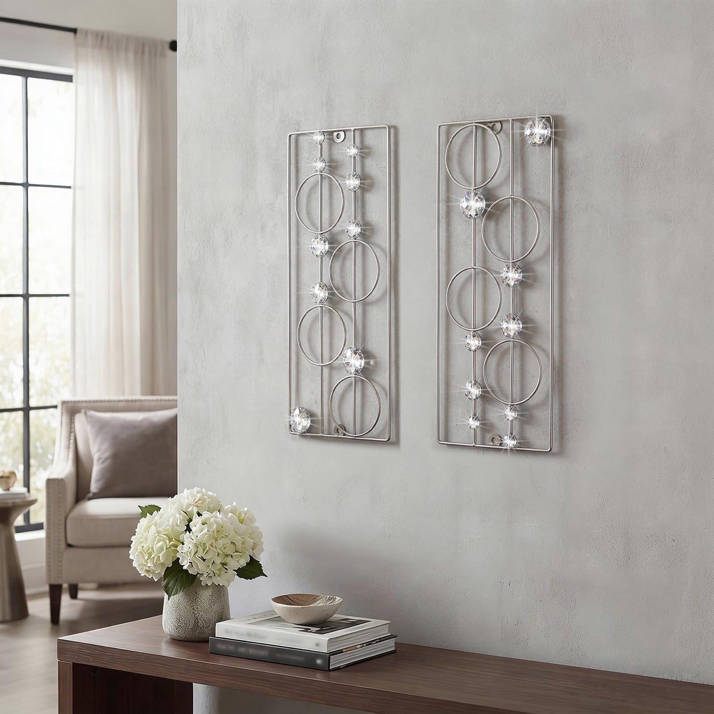 ZEXUIRU 2 Pack Bling Abstract Metal Wall Art Minimalist Line Jeweled Crystal Wall Decor Modern Geometric Rhinestone Hanging Wall Sculpture for Living Room Bedroom Bathroom Office