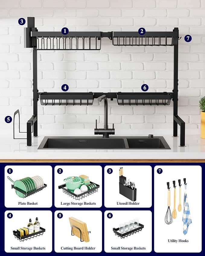 Kitsure Over The Sink Dish Drying Rack - 26.8" to 33.9"x21.5", Adjustable Sink Drying Rack for Kitchen Sink with Large Capacity, 2-Tier Dish Rack Over Sink with Multifunctional Baskets, Black