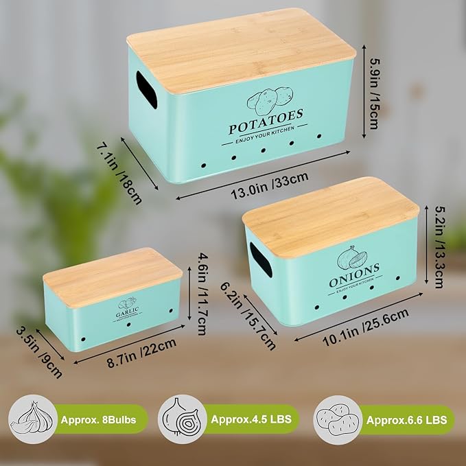 Kitchen Vegetable Storage Set of 3, Metal Onion Garlic Potato Storage Set, Kitchen Canisters Vegetable Keeper Containers with Aerating Holes and Bamboo Lid，Blue