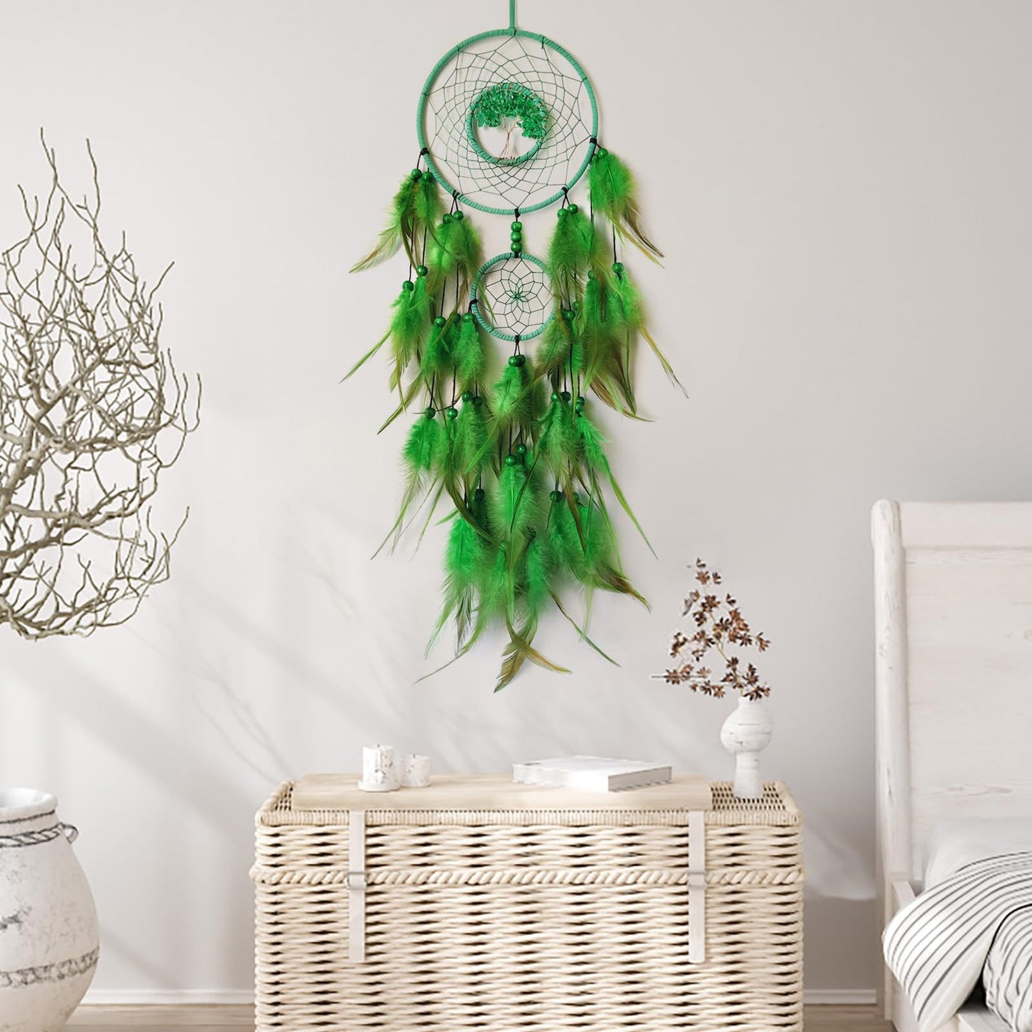 SOYUZU Green Dream Catcher Wall Decor Crystal Tree of Life Dream Catchers Handmade Feather Dreamcatcher Wall Hanging Ornament for Bedroom Living Room Home Decor