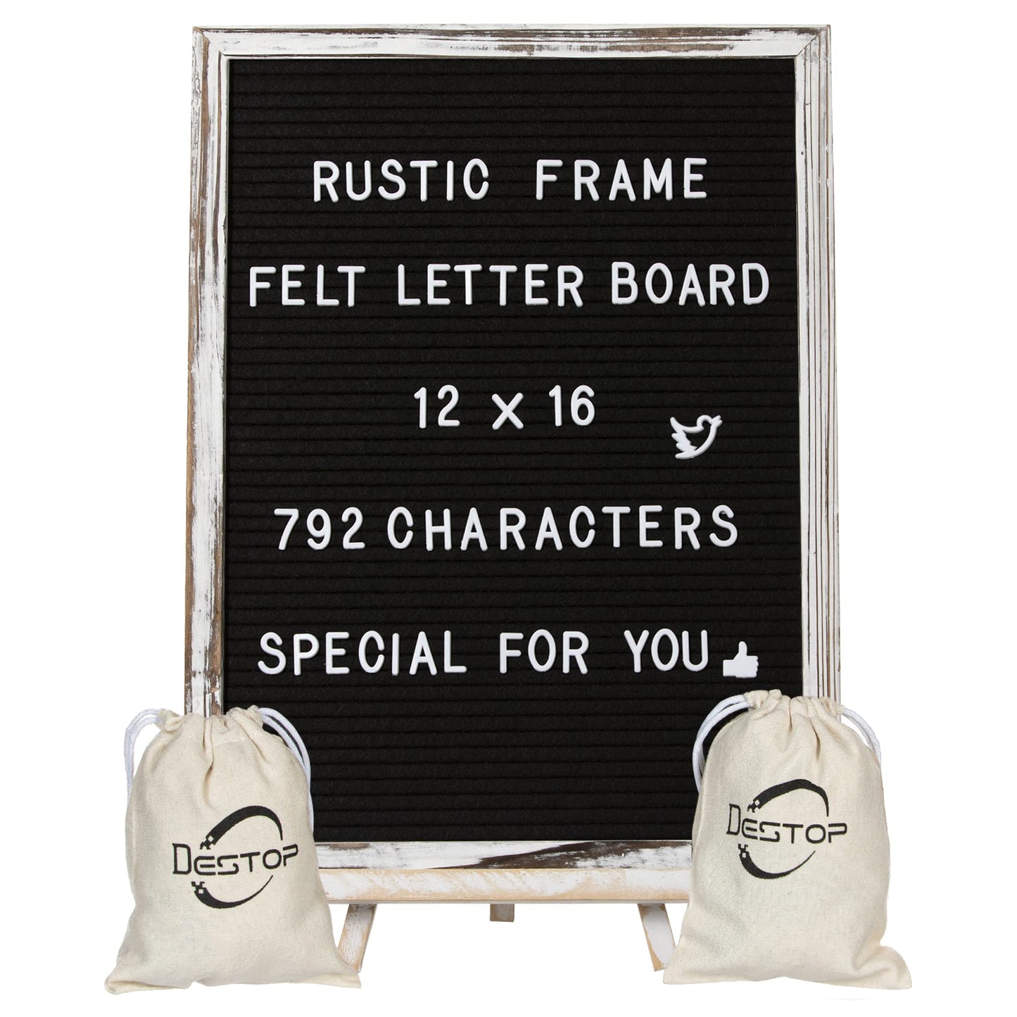 Felt Letter Board with Rustic Vintage Frame and Stand 12x16 inch,Black Changeable Letter and Message Board Includes 792 Letters, Numbers and Symbols, Hook to Hang, 2 Canvas Bags