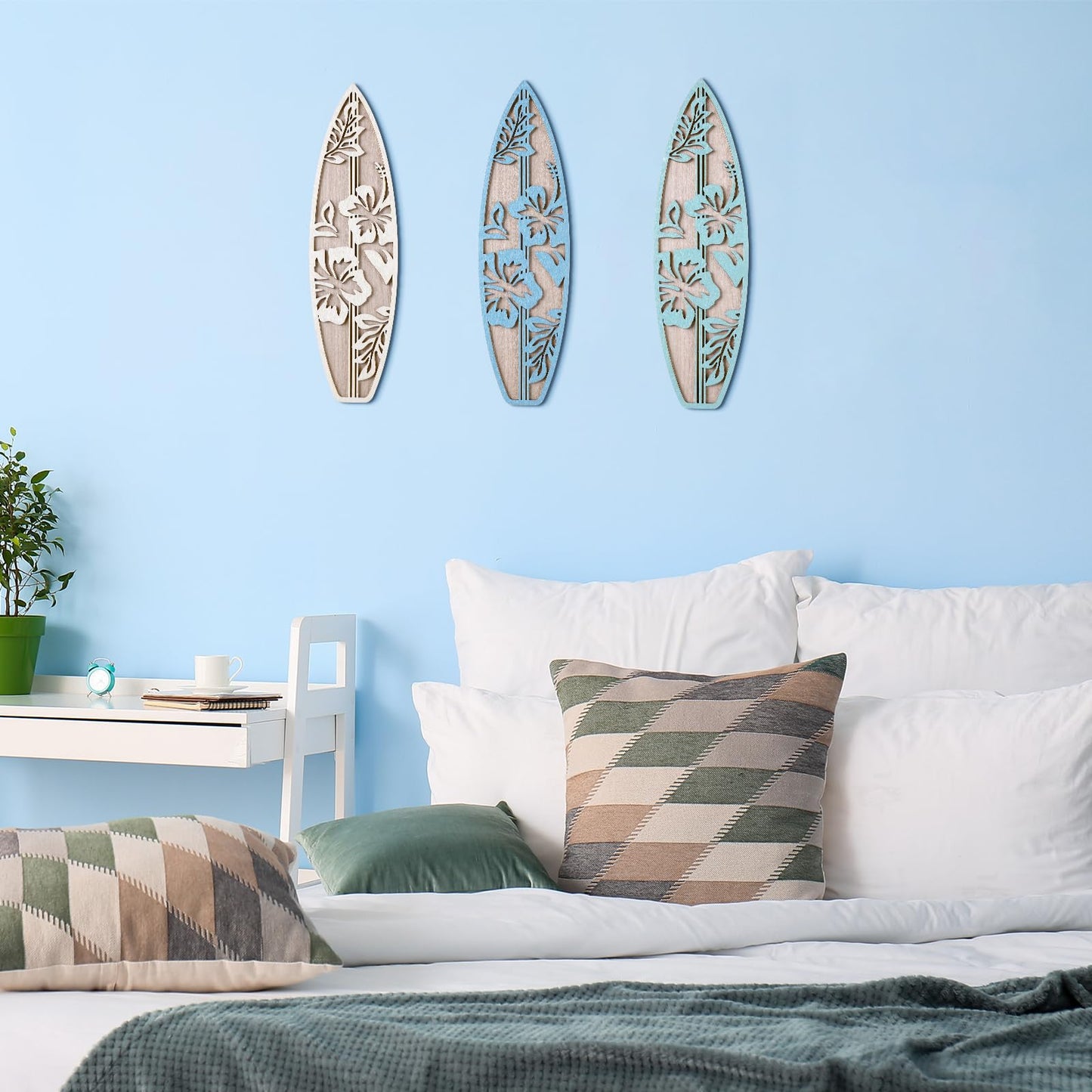 RattanView 3 Pieces Surfboard Decor for Bedroom Wooden Beach Wall Decor Summer Wood Surfboard Wall Hanging Sign for Tropical Living Room Decoration(Hibiscus,Blue)