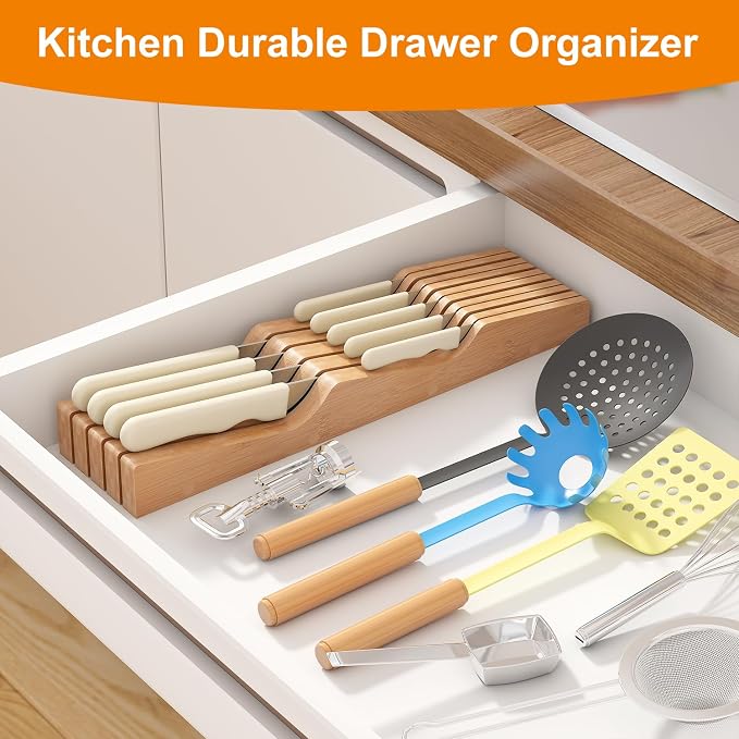 In-Drawer Knife Block Organizer - Bamboo Wood Drawer Knife Organizer-Protecting Knife Organizer Block (Not Included) (Natural, 9 Knives Dock)