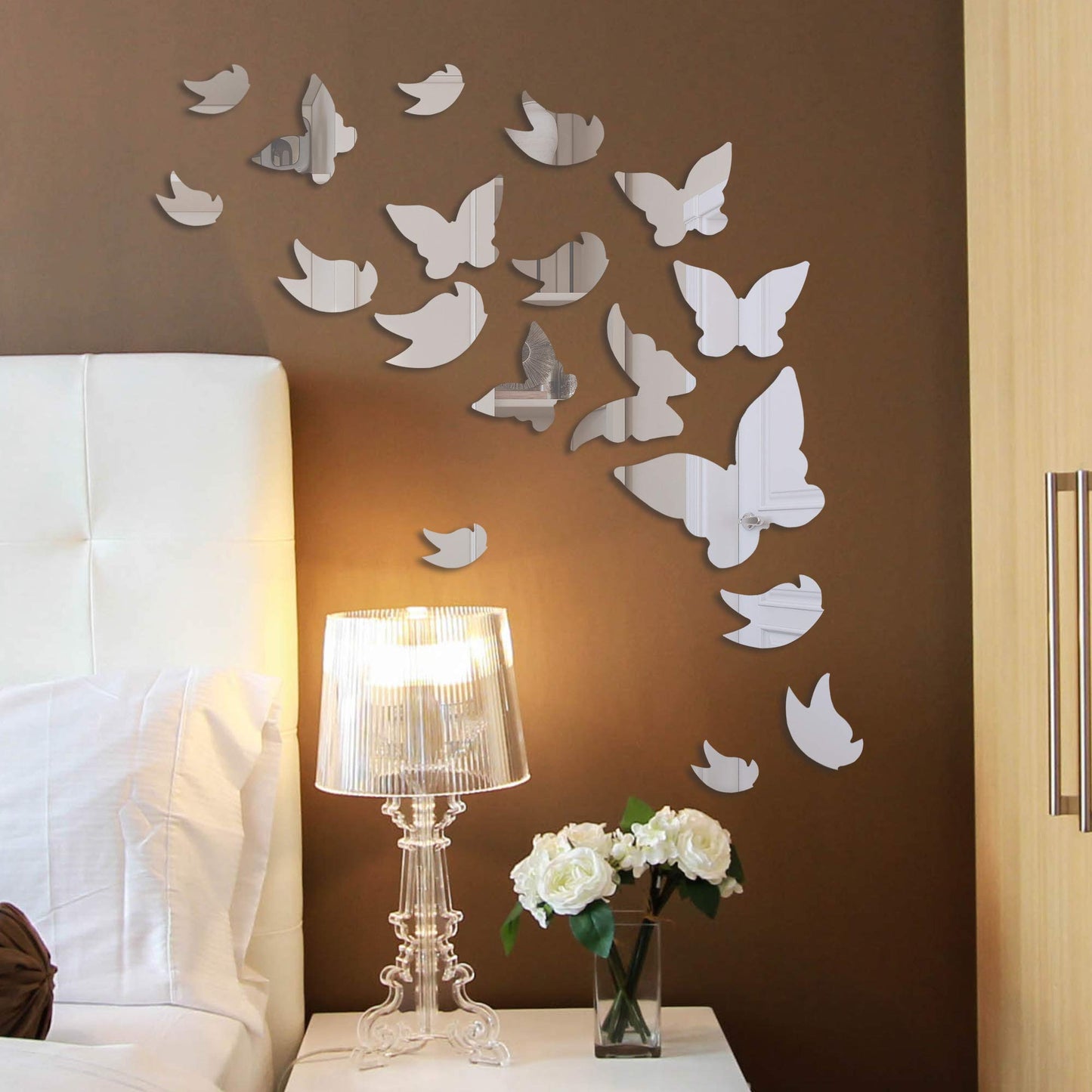 Amaonm 21 PCS Silver Mirror Acrylic Butterfly Wall Decals, 3D Crystal Butterfly Removable Stickers DIY Art Decor for Kids Nursery Bedroom Living Room Bathroom Door Home Wall Mural