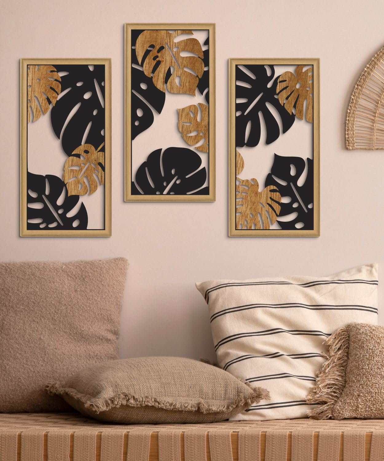 Putuo Decor Monstera Leaf Wall Art, Set of 3 Tropical Plant Aesthetic Boho Decor, Modern Black Botanical Art for Living Room Bedroom Office 16x8 Inches