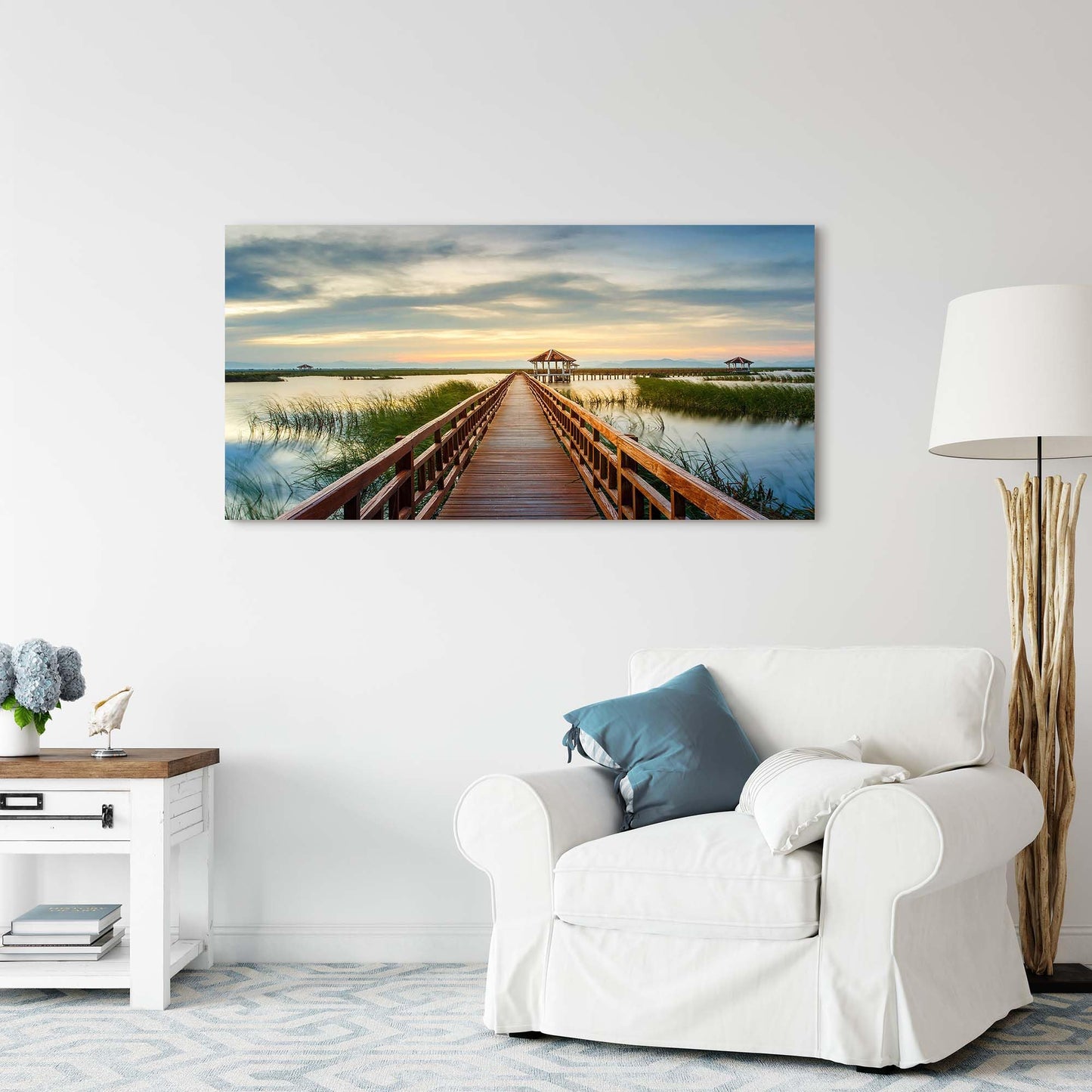 Lake Bridge Canvas Wall Art - Sunset Sky Landscape Painting Pier Walkway Picture Nature Prints Scenery Artwork for Living Room Home Office