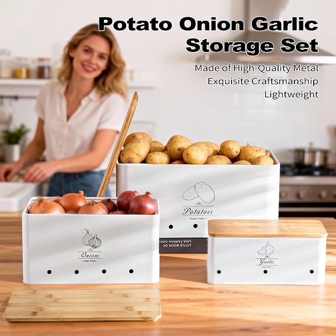 Metal Potato Onion and Garlic Storage Tin Set of 3, White Kitchen Vegetable Canisters with Bamboo Lid and Aerating Holes, Stackable Kitchen Keeper Storage for Countertop Pantry