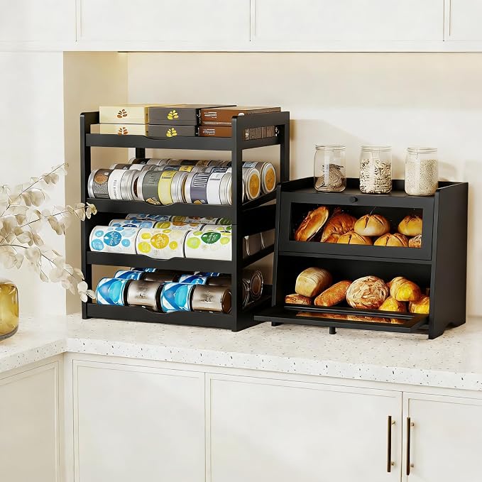 BAMBANG Can Organizer for Pantry, Detachable Bamboo 4 Tier Stackable Can Food Storage Rack, Rolling Soda Can Dispenser Can Holders for Cabinet, Holds Up to 48 Cans, Black