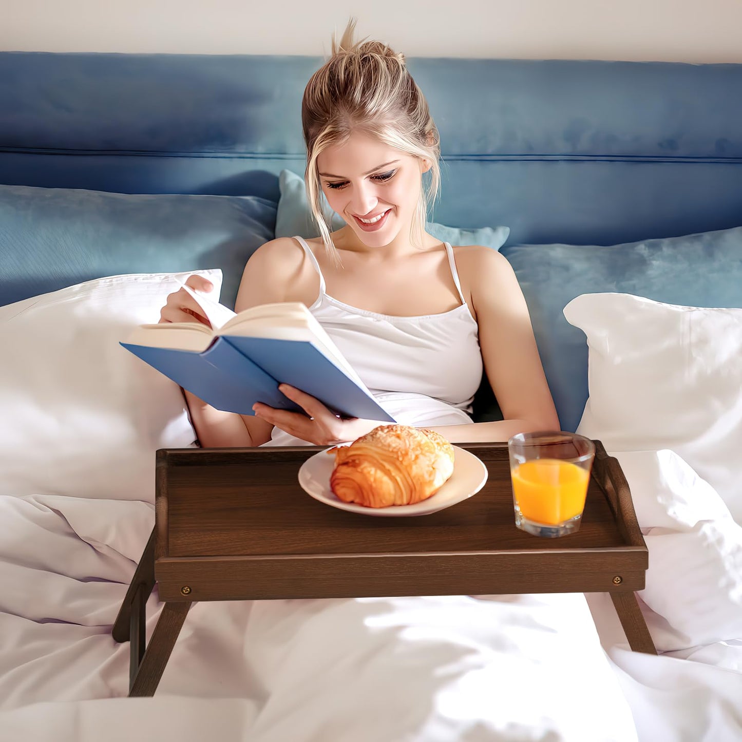 2 Pack Bed Tray Table Breakfast Trays Serving Tray Bamboo Bed Laptap with Floding Legs Handles and Phone Holders