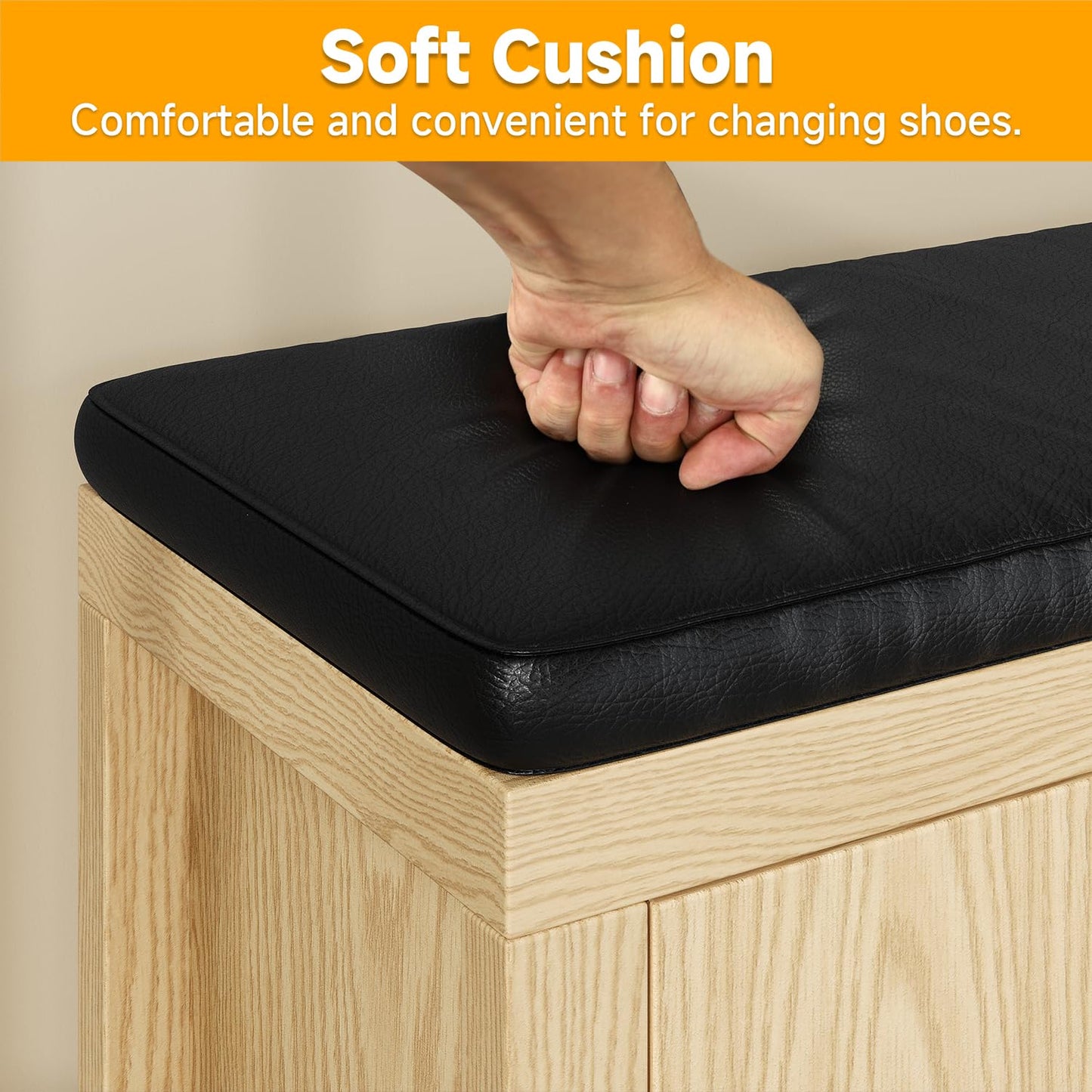 UNIQUITE 40" Shoe Storage Bench with Flip Drawers & Padded Seat Cushion, Open Compartments & Slatted Doors, Entryway Bench with Shoe Storage for Entryway, Hallway, Living Room, Bedroom, Natural