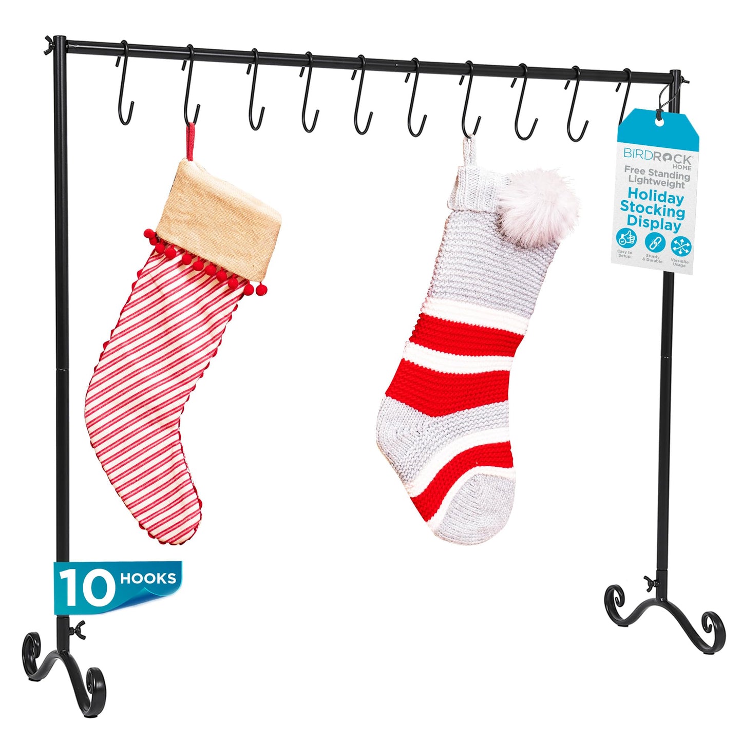 BIRDROCK Home 10-Hook Christmas Stocking Holder Stand | Lightweight Iron Metal Freestanding Rack for Holiday Decor | Versatile Stocking & Ornament Hanger Display for Home, Floor & Living Room - Black