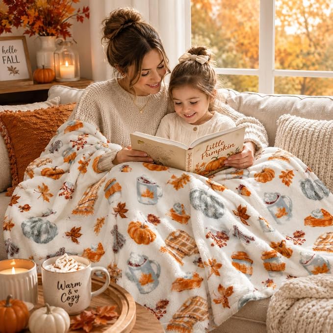 Fall Throw Blanket Soft Fleece: Pumpkin Spice and Everything Nice with Books Wraps Coffees Lattes Pumpkins Pies Oversized 70" inches x 50" inches