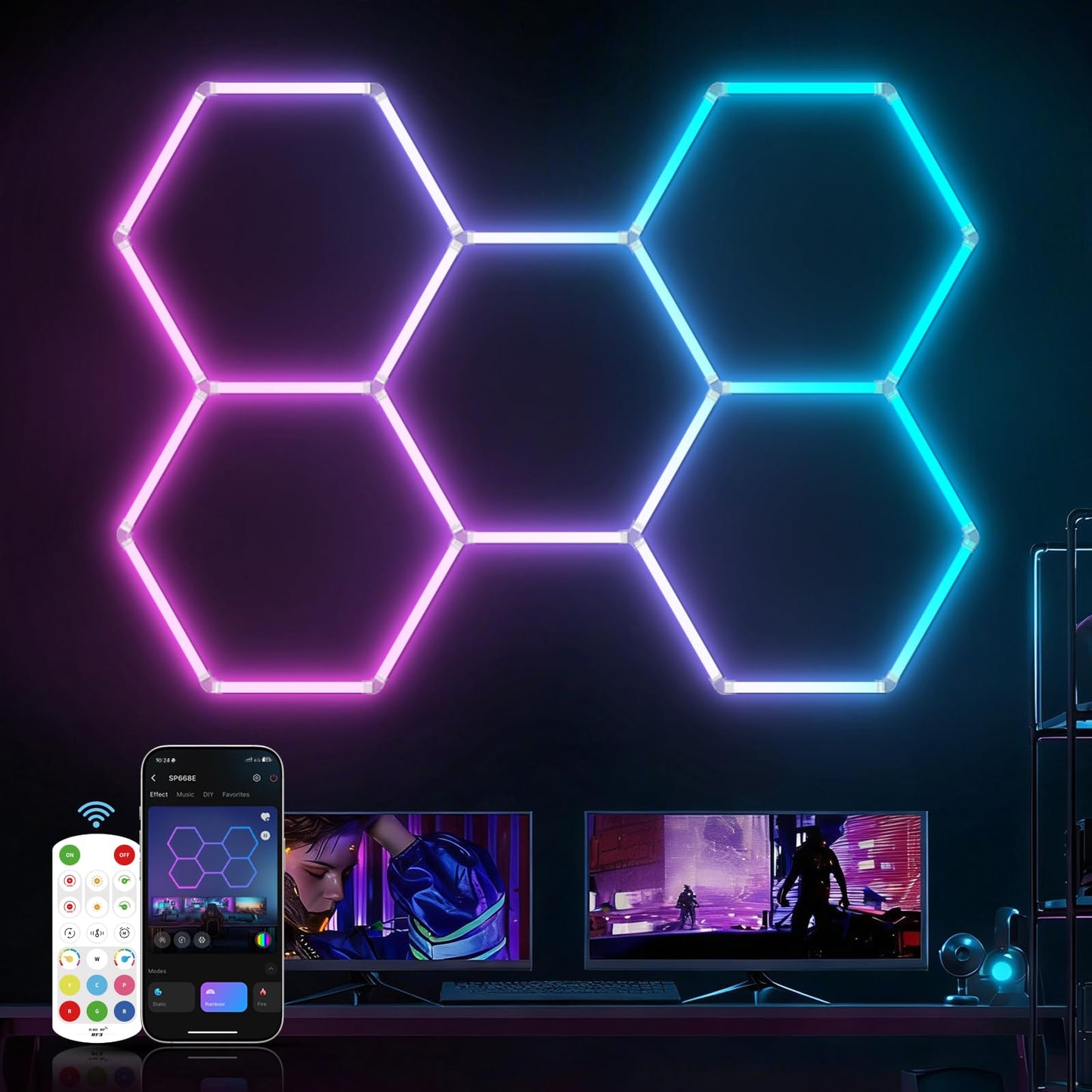 HYPERLITE Hexagon Garage Lights: Gen-IV 5 Grid RGB Hexagon LED Lights with Music Sync Mode, App & Remote Control, Multi-Color Honeycomb Light for Gaming Room, Gym, Garage