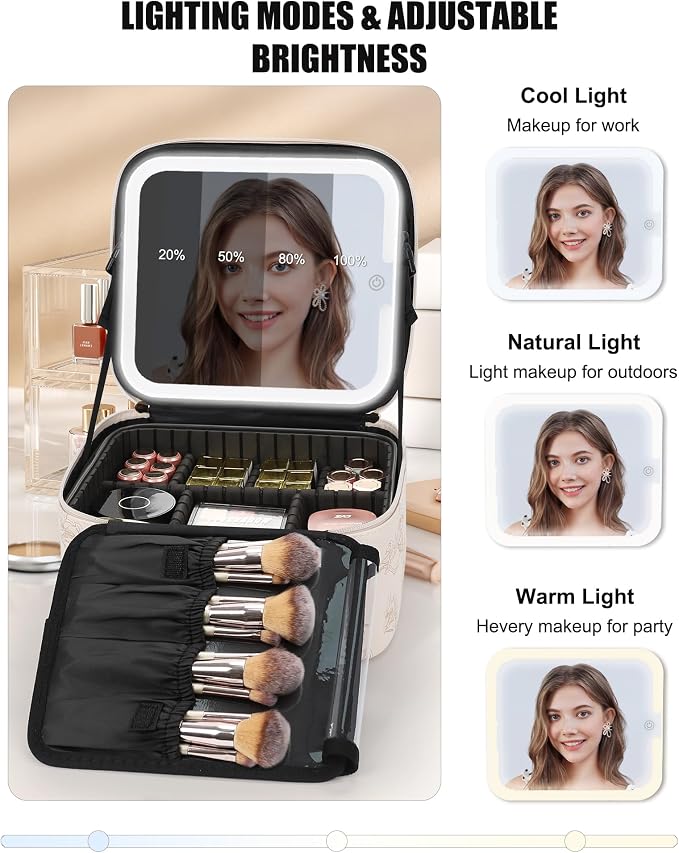 Relavel Travel Makeup Bag With LED Mirror, Portable Cosmetic Organizer Bag with Adjustable Brightness in 3 Color Scenarios, Small Train Case with Detachable Dividers for Trip- Lily Flower