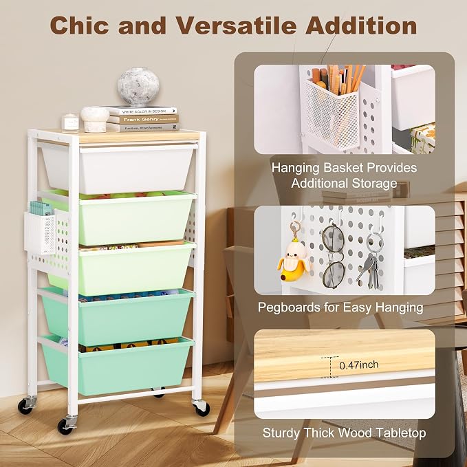 Rolling Cart with Drawers, Rolling Storage Cart with Large Plastic Drawers & Wooden Tabletop, Utility Cart with Pegboards & Basket, Storage Drawers Cart for Living Room, Classroom, Bedroom, Office
