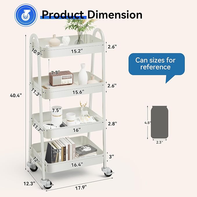 OLIXIS Metal 4 Tiers Utility Rolling Cart, Mobile Storage Shelf with Lockable Caster Wheels, Organization for Livingroom, Bathroom & Narrow Places, 4-Tier White