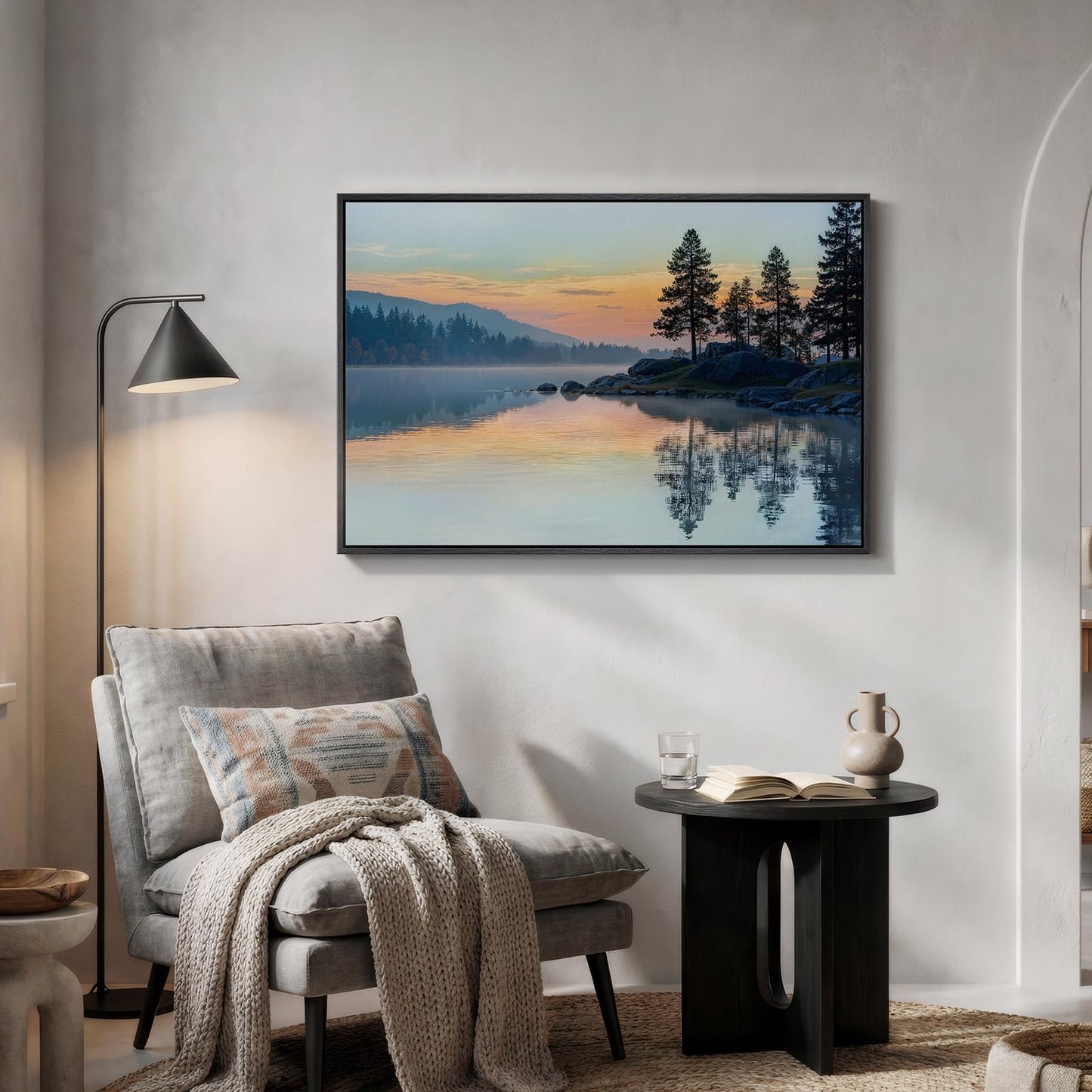 Framed Nature Lake Landscape Wall Art, Horizontal Sunset Canvas Artwork for Walls, Peaceful Scenery Photography Print, Scenic Picture for Living Room Bedroom Office Dining Room Wall Decor, 24x36 Inch