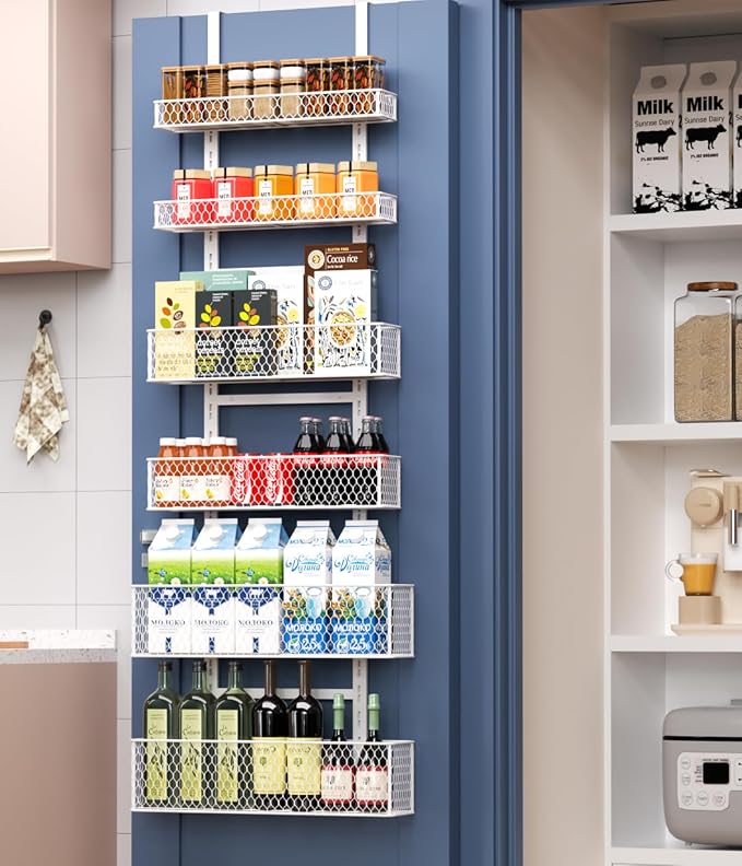 6-Tier Over The Door Pantry Organizer,Hanging Spice Rack,Grid Basket,White | Height Adjustable,Large Capacity,Grid Base for Stable Stoage,For Pantry Door,Laundry Room,Bathroom,Kitchen,D5.3xW15.7xH60.9in