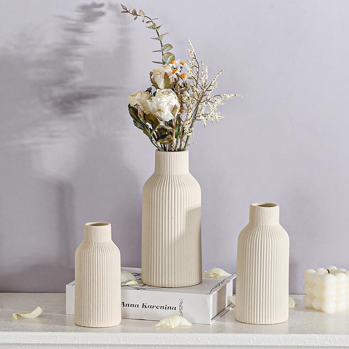 Bohemian Beige Ceramic Vase - for Pampas Grass, Mantel, Bookshelf, Entryway and Living Room Decor (Beige, 7in)