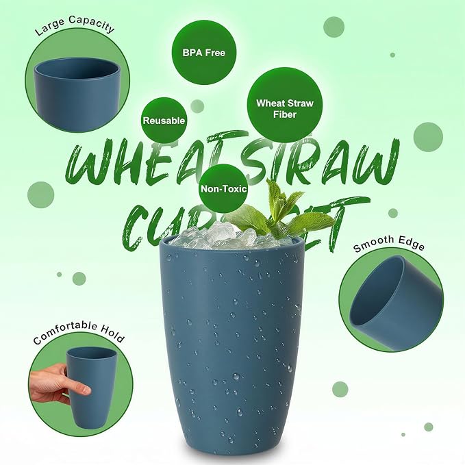 Large 20 OZ Wheat Straw Cups, Unbreakable Drinking Glasses Set of 6, Alternative to Reusable Plastic Cups, Dishwasher Safe Tumblers for Kitchen Outdoor Camping RV, Blue