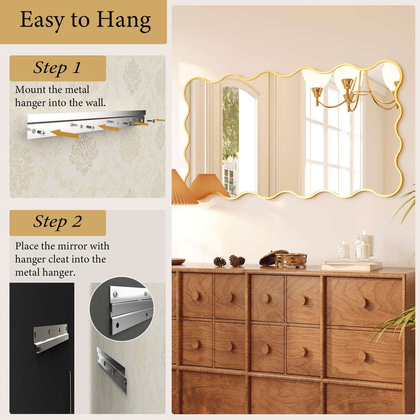 Kelly Miller 26x48 Inch Gold Scalloped Mirror, Large Rectangular Wavy Edge Bathroom Vanity Wall Mirror Decorative for Bedroom Living Room Entryway Fireplace Mantle